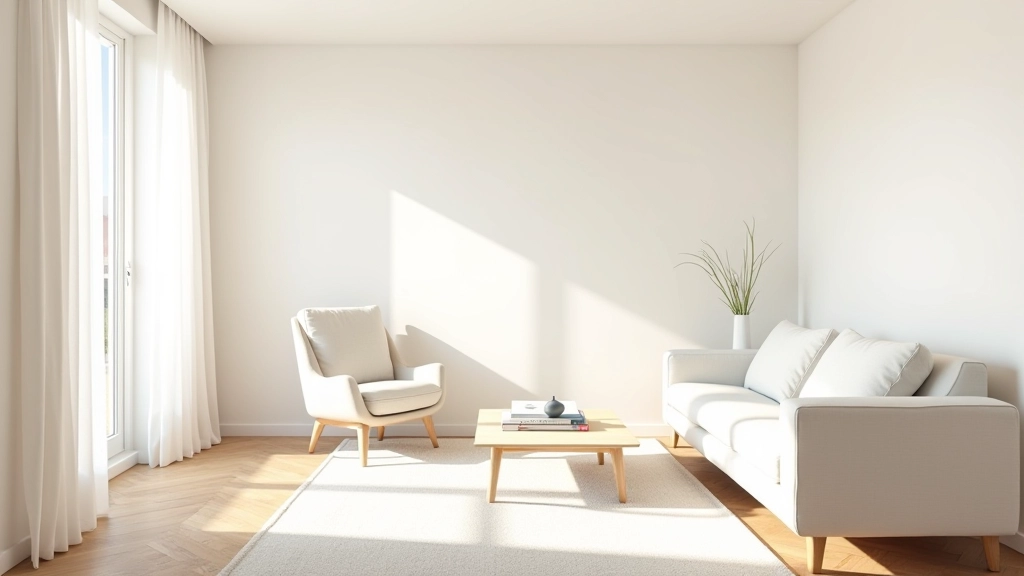 Salon spacieux avec murs blancs crème et décoration minimaliste, lumière naturelle depuis grande fenêtre