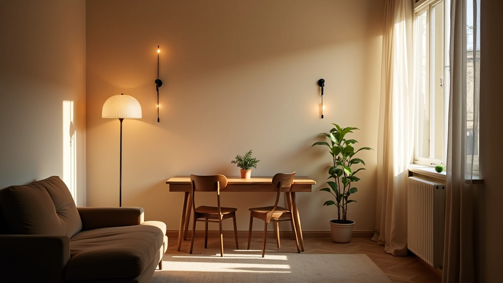 Petit studio avec éclairage layered : applique murale, lampadaire blanc et lumière naturelle depuis fenêtre