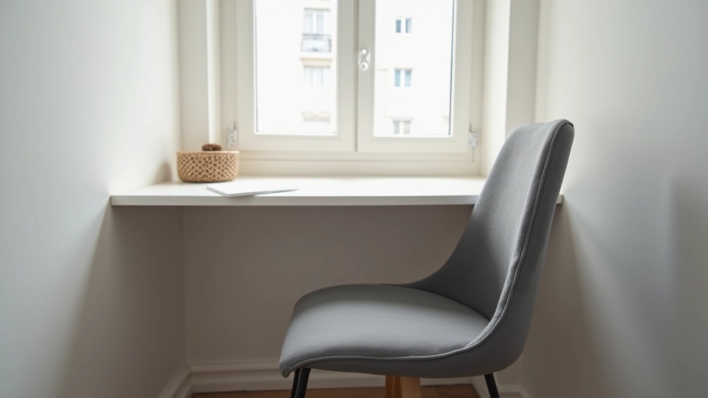 Chaise de bureau compacte grise, glissée sous console de travail, studio parisien bien rangé et minimaliste