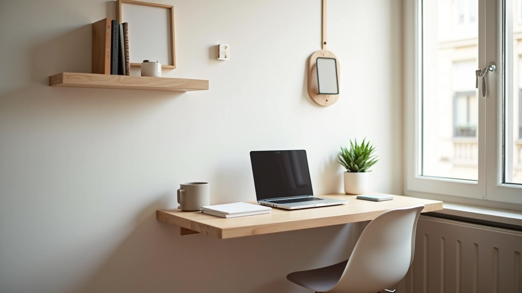 Petit espace de travail fonctionnel intégré dans studio avec bureau compact et étagères