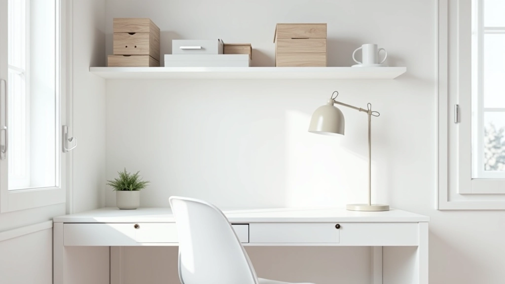 Petit bureau blanc avec étagères murales minimalistes au-dessus, rangements organisés, lampe suspendue, studio parisien