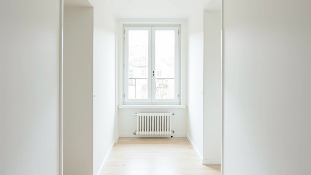 Grand miroir encadré face à fenêtre, reflétant la lumière naturelle dans petit couloir blanc