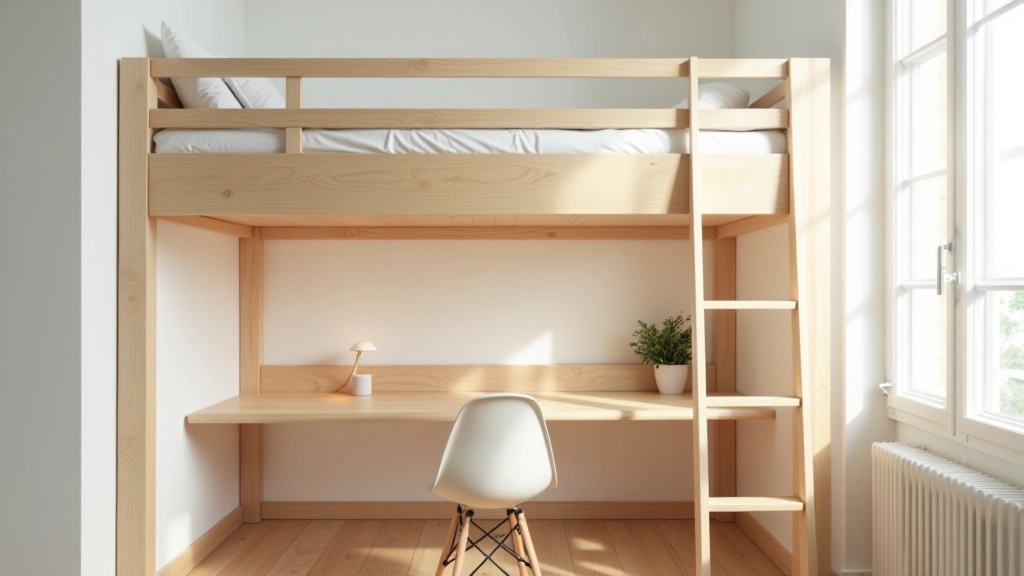 Lit mezzanine surélevé avec bureau intégré en dessous dans un petit studio parisien, espace optimisé