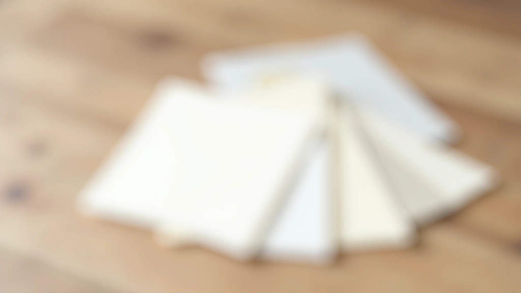 Palette de peinture avec nuances blanches cassé, beige et gris clair posée sur table en bois