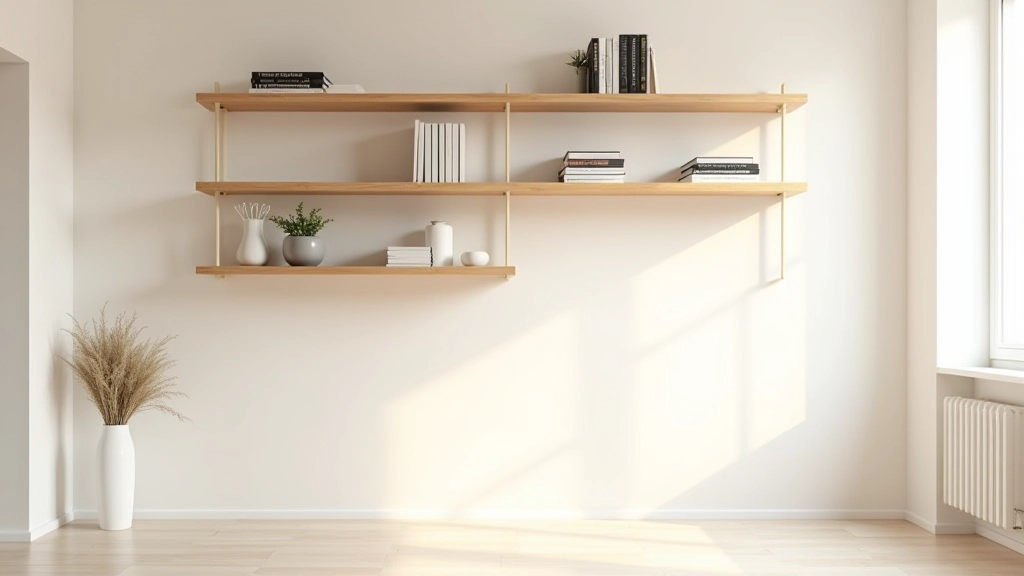 Étagères en bois clair montées du sol au plafond dans un petit salon, livres et objets de décoration bien organisés