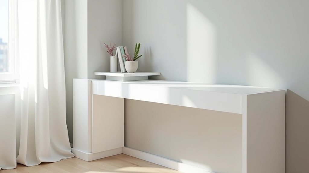 Petit bureau console blanc avec rangements intégrés, plateau extensible, dans un coin de studio parisien